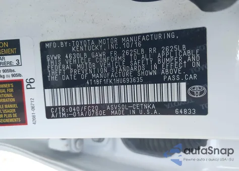 2017 Toyota Camry Le from USA, damaged, VIN 4T1BF1FK1HU693635